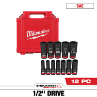 Milwaukee 12 PC SHOCKWAVE™ Impact Duty 1/2" Drive SAE Deep 6 Point Socket Set — 49-66-7011