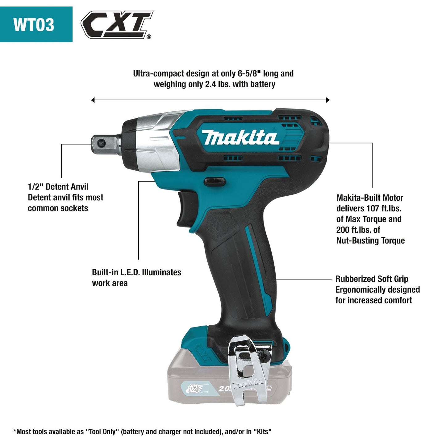 Makita™ WT03Z Cordless 1/2" Impact Wrench | 12V Max CXT