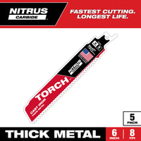 Milwaukee 6" 8 TPI TORCH™ with NITRUS™ Carbide SAWZALL® Blade for Cast Iron (5 PK) — 48-00-5561