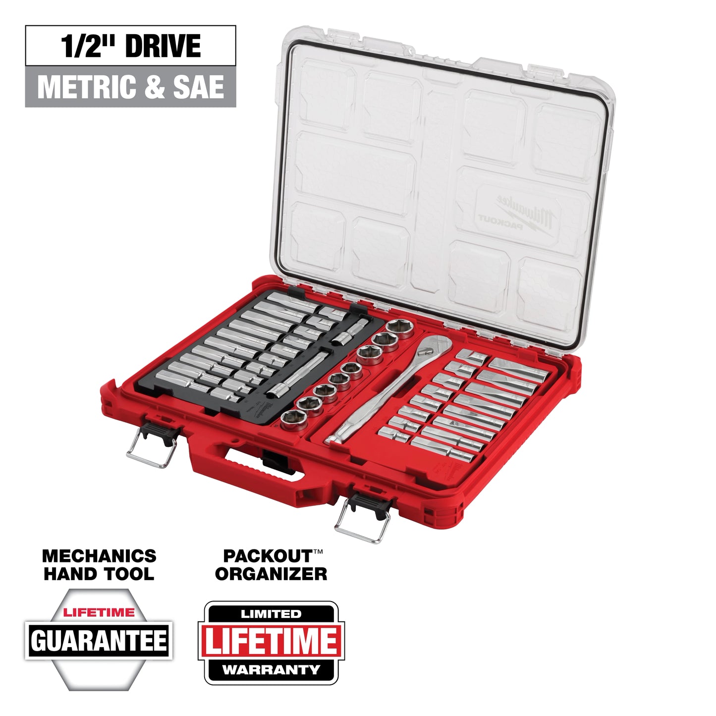 Milwaukee 47 pc 1/2" Drive Ratchet & Socket Set with PACKOUT™ Low-Profile Organizer — 48-22-9487