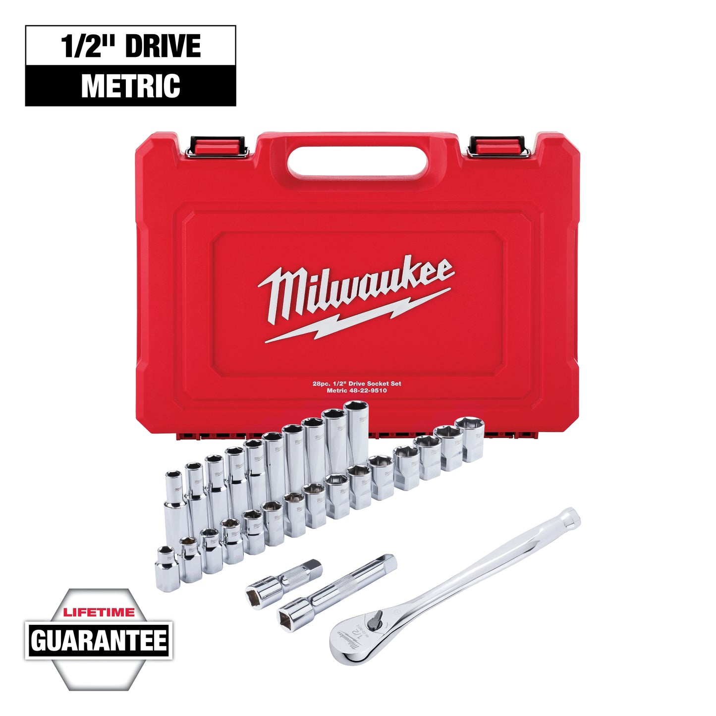 Milwaukee 28 pc 1/2" Drive Metric Ratchet and Socket Set with FOUR FLAT™ Sides — 48-22-9510