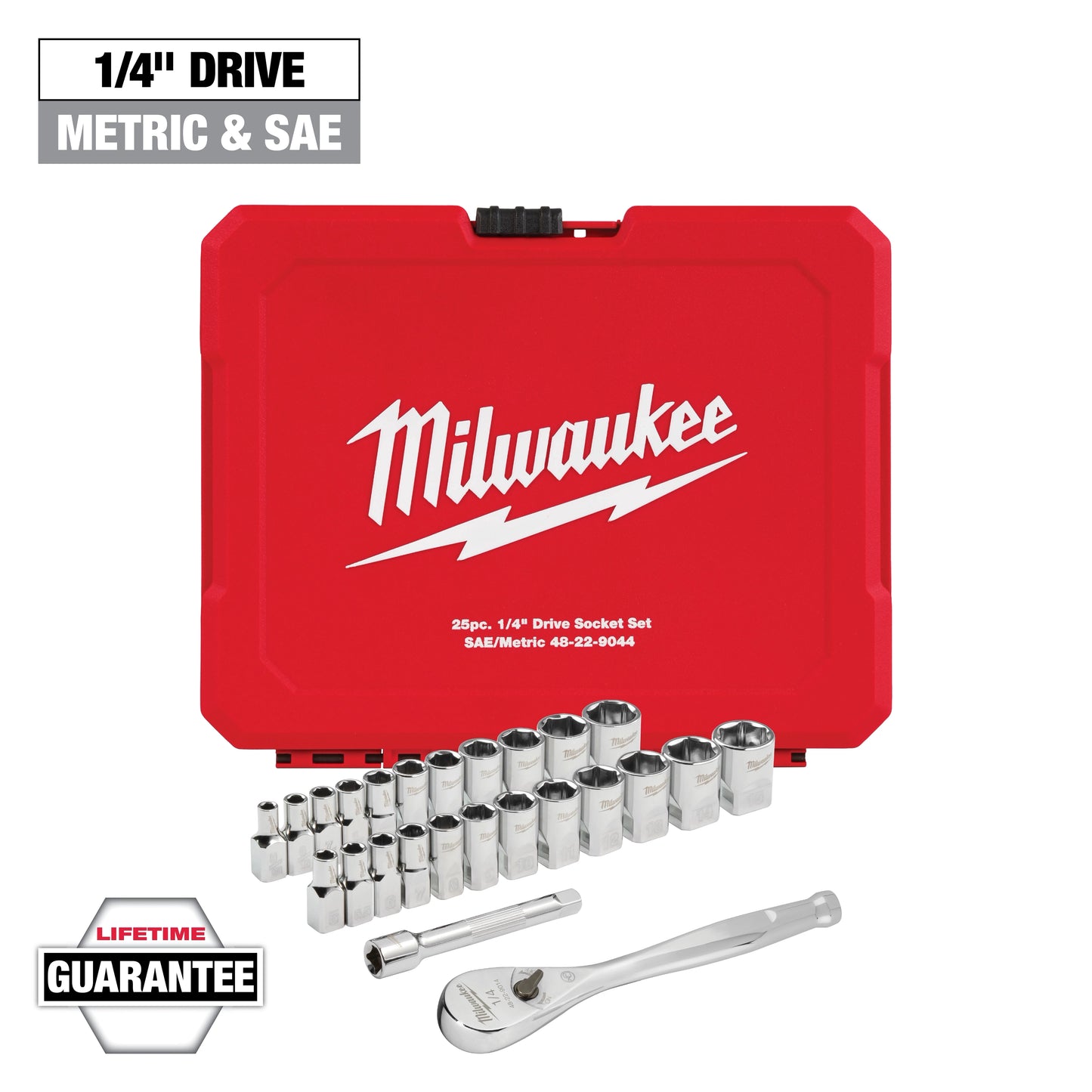 Milwaukee 25 pc 1/4" Drive Metric & SAE Ratchet and Socket Set with FOUR FLAT™ SIDES — 48-22-9044