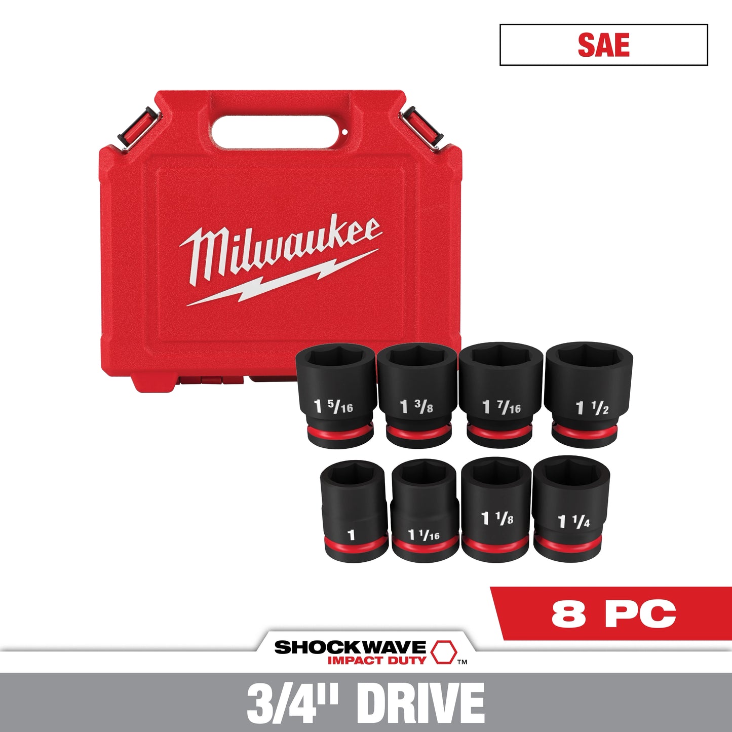 Milwaukee 8 PC SHOCKWAVE™ Impact Duty 3/4" Drive SAE Standard 6 Point Socket Set — 49-66-7017