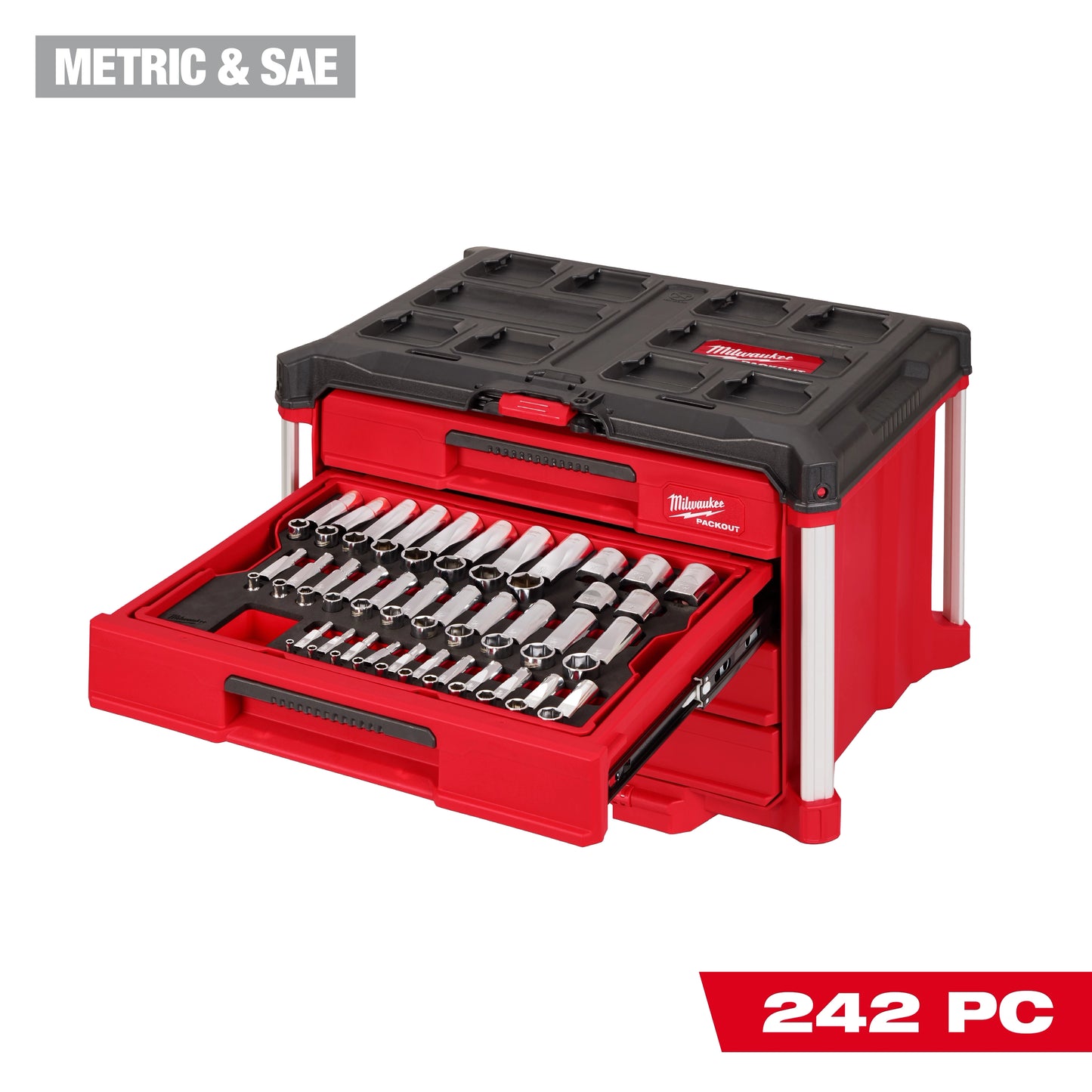 Milwaukee 242 pc. 1/4”, 3/8”, & 1/2” Drive Metric & SAE Ratchet & Socket Set with PACKOUT™ 4-Drawer Tool Box — 48-22-9491