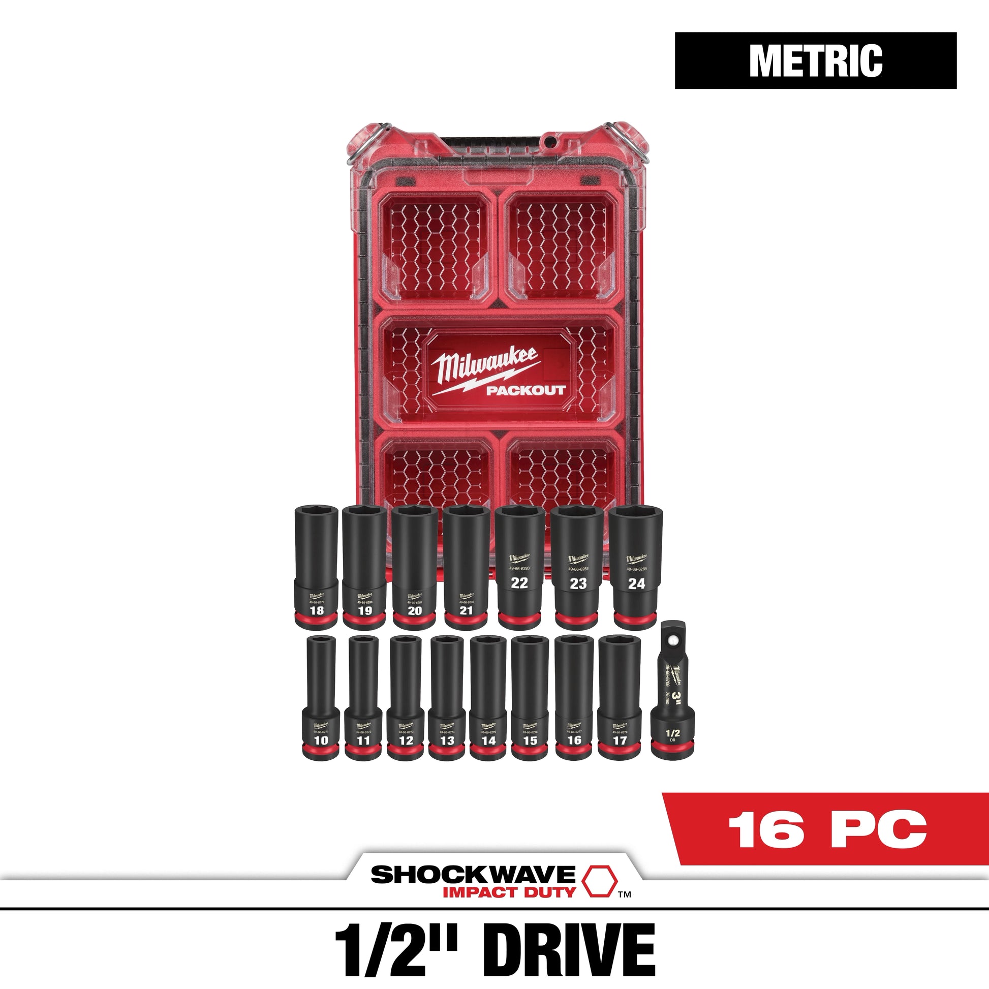 Milwaukee 16 PC SHOCKWAVE™ Impact Duty Socket 1/2” Drive 16 PC MM Set with PACKOUT™ — 49-66-6803