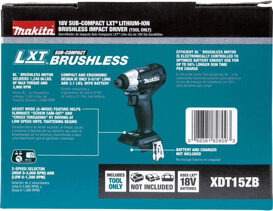 Makita XDT15ZB 18V LXT Lithium-Ion Sub-Compact Brushless Cordless Impact Driver, Tool-Only