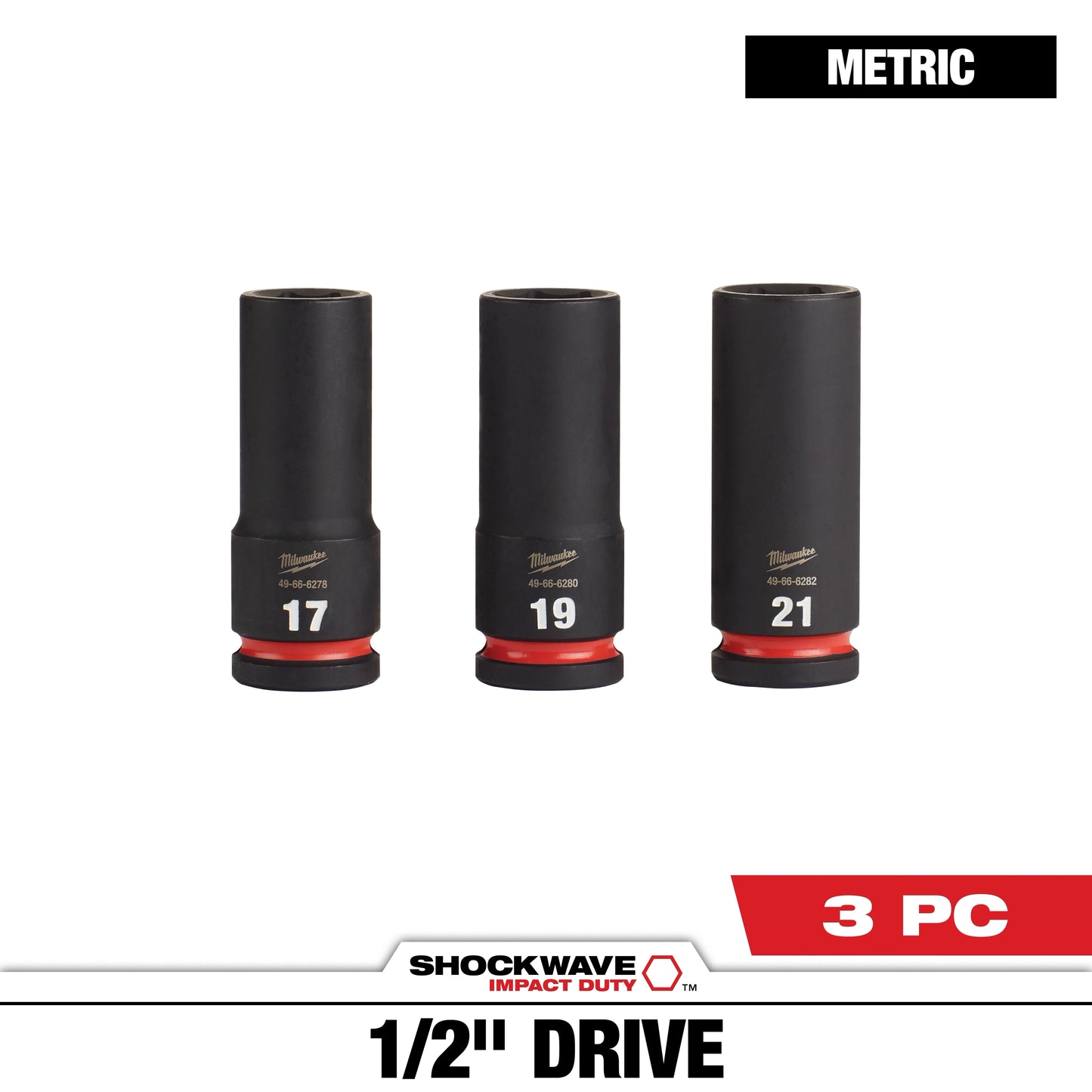 Milwaukee 3 PC SHOCKWAVE™ Impact Duty 1/2" Drive Metric Deep 6 Point Socket Set — 49-66-7025