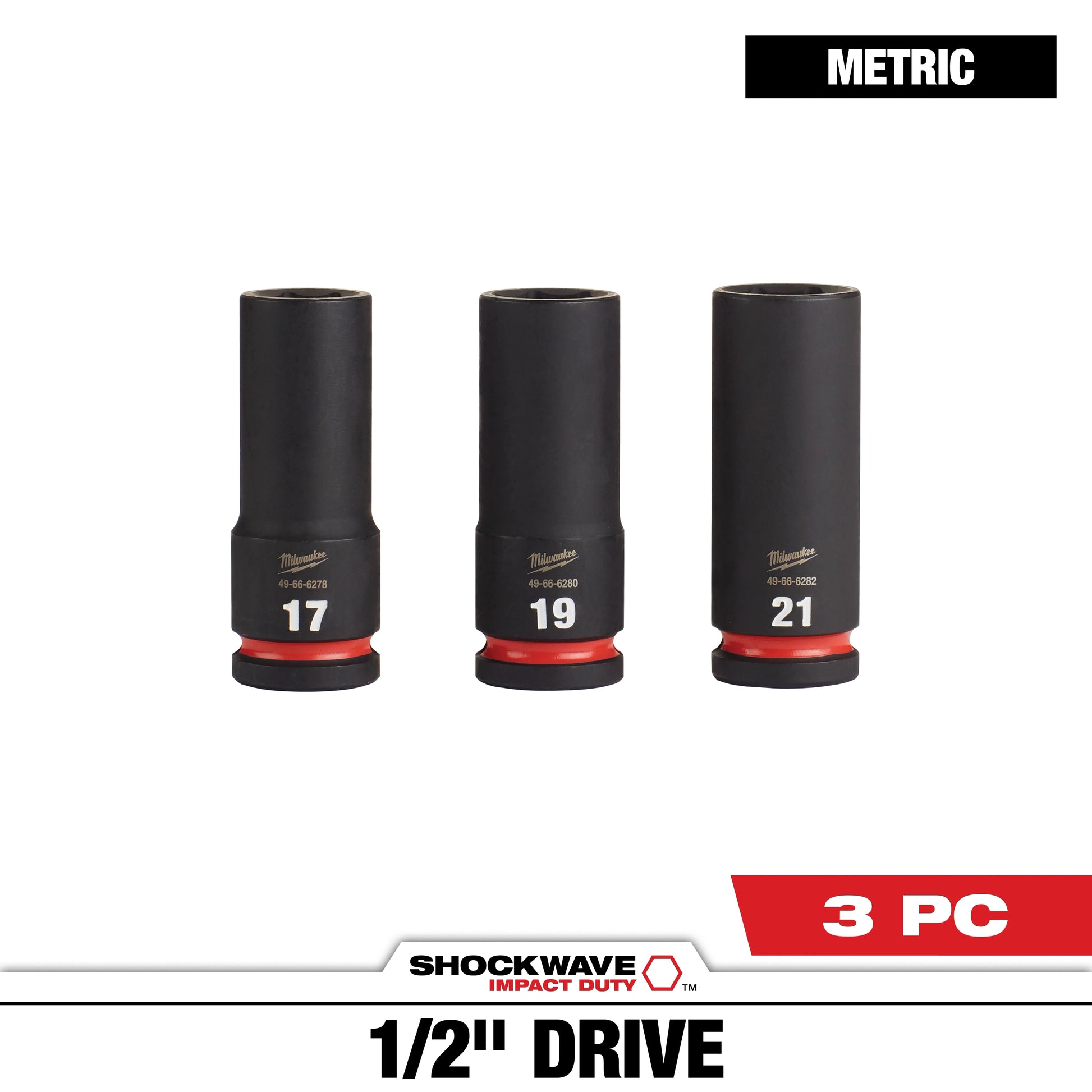 Milwaukee 3 PC SHOCKWAVE™ Impact Duty 1/2" Drive Metric Deep 6 Point Socket Set — 49-66-7025