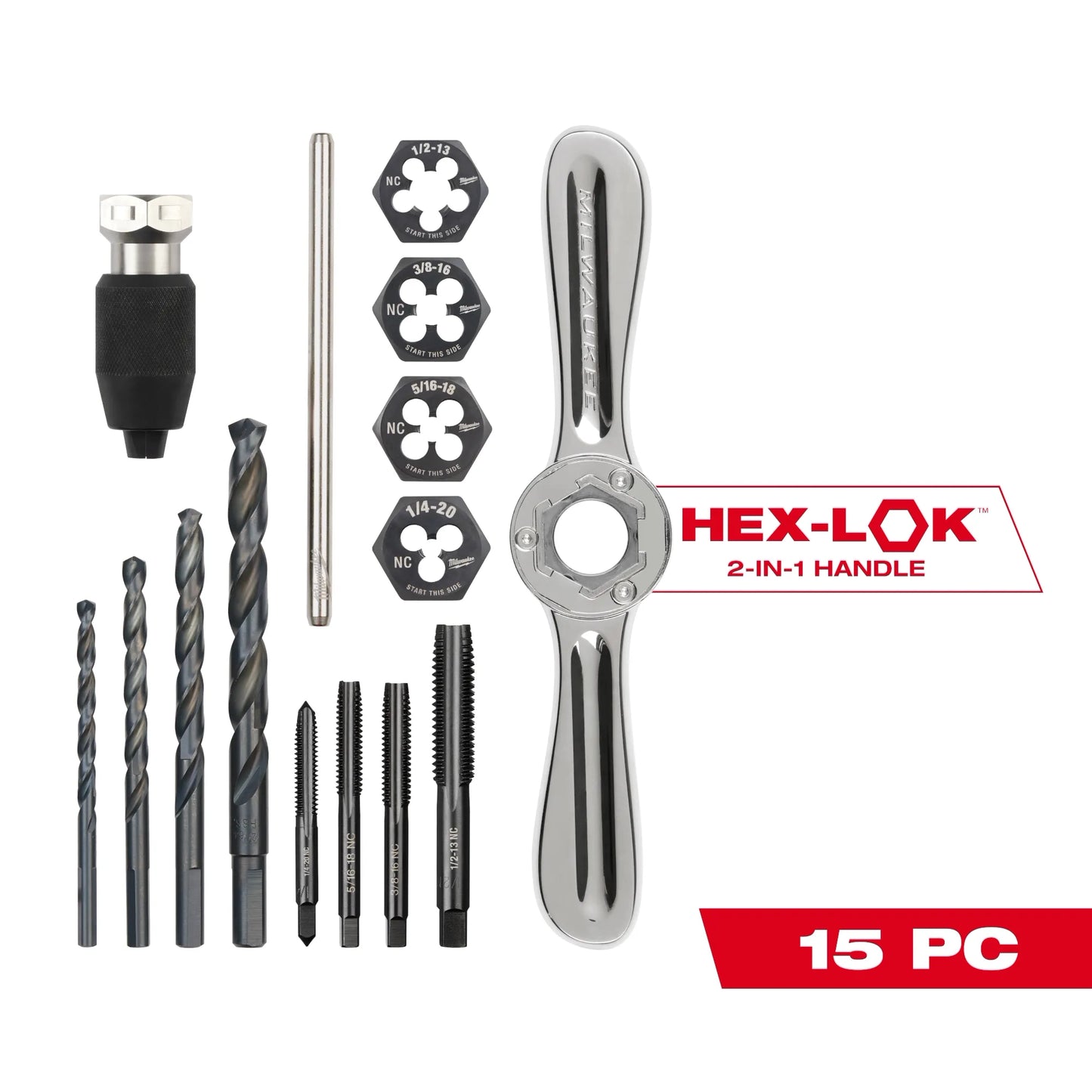Milwaukee 15 PC SAE Tap and Die Set with HEX-LOK™ 2-in-1 Handle — 49-22-5602