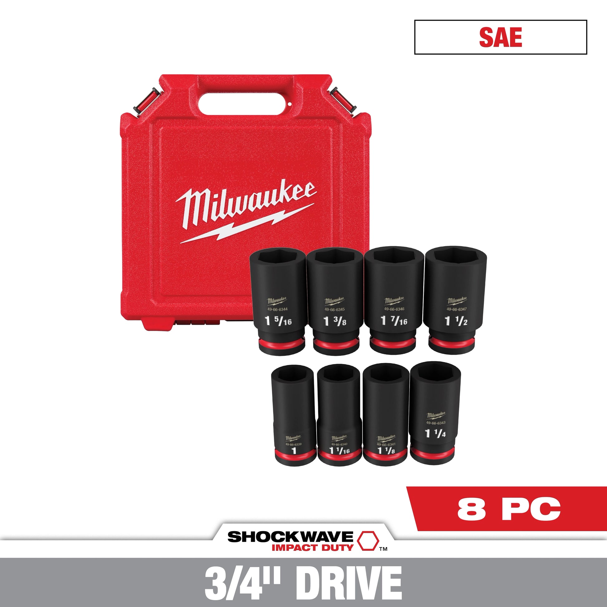 Milwaukee 8 PC SHOCKWAVE™ Impact Duty 3/4" Drive SAE Deep 6 Point Socket Set — 49-66-7018