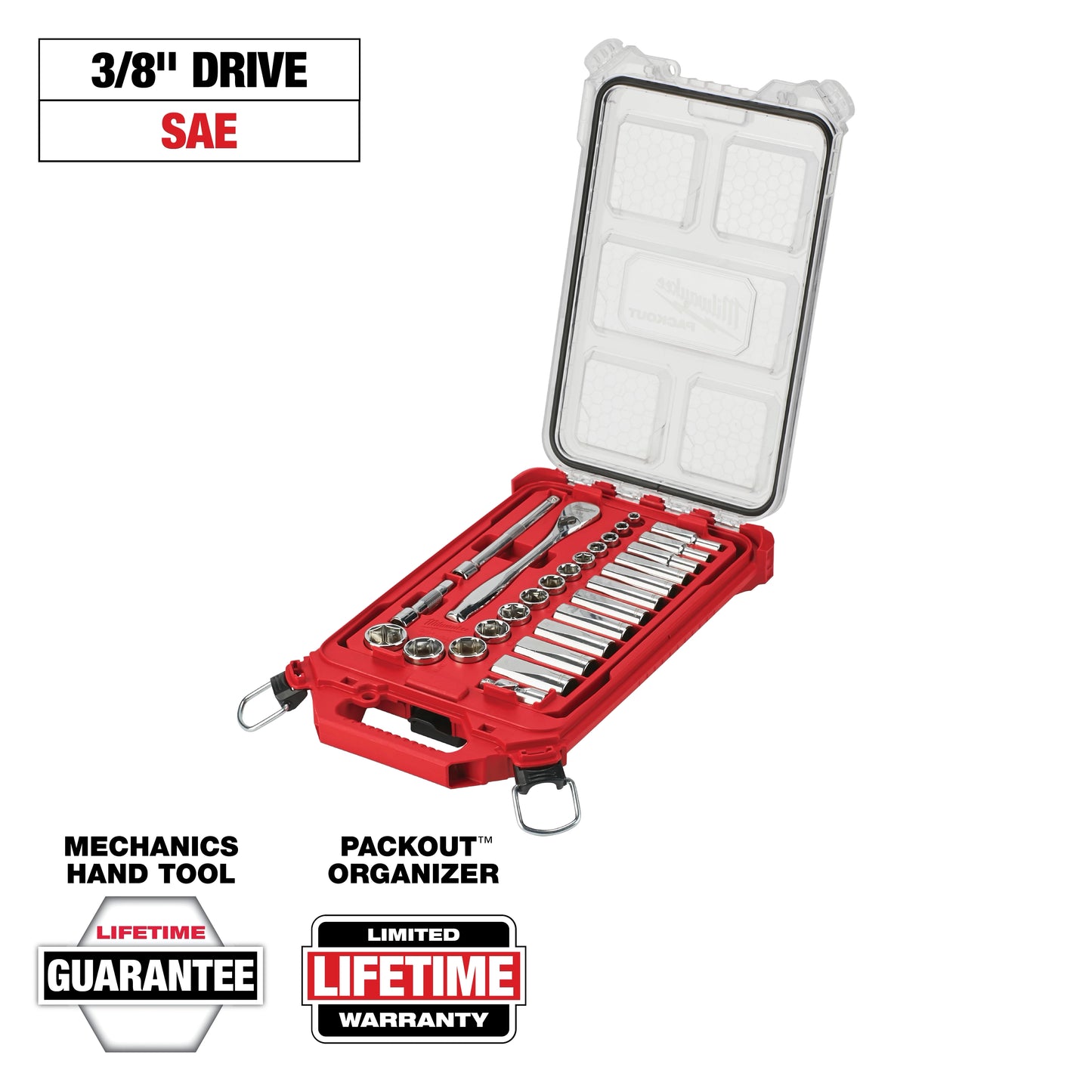 Milwaukee 3/8” Drive 28 pc Ratchet & Socket Set with PACKOUT™ Low-Profile Compact Organizer - SAE — 48-22-9481