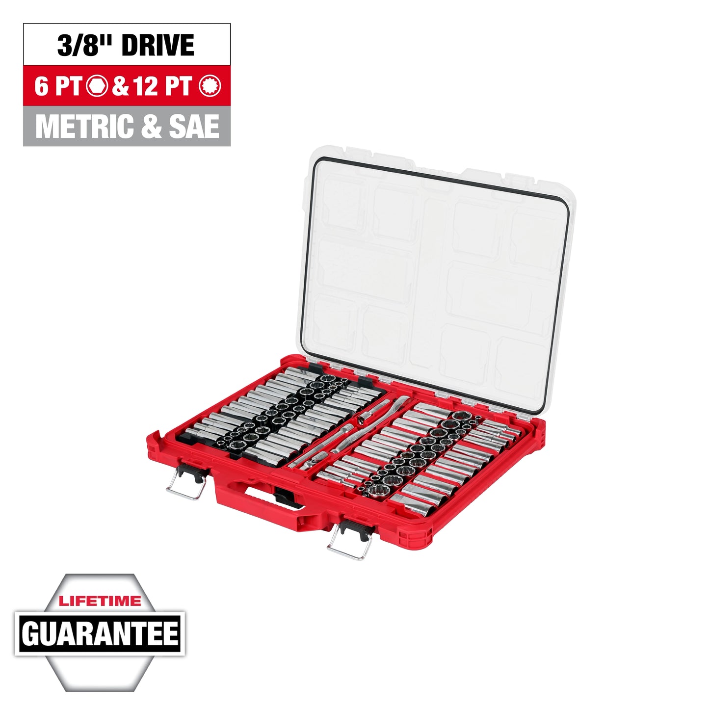 Milwaukee 98 pc 3/8" Drive 6-Pt and 12-Pt Metric & SAE Ratchet & Socket Set with PACKOUT™ Low-Profile Organizer — 48-22-9285