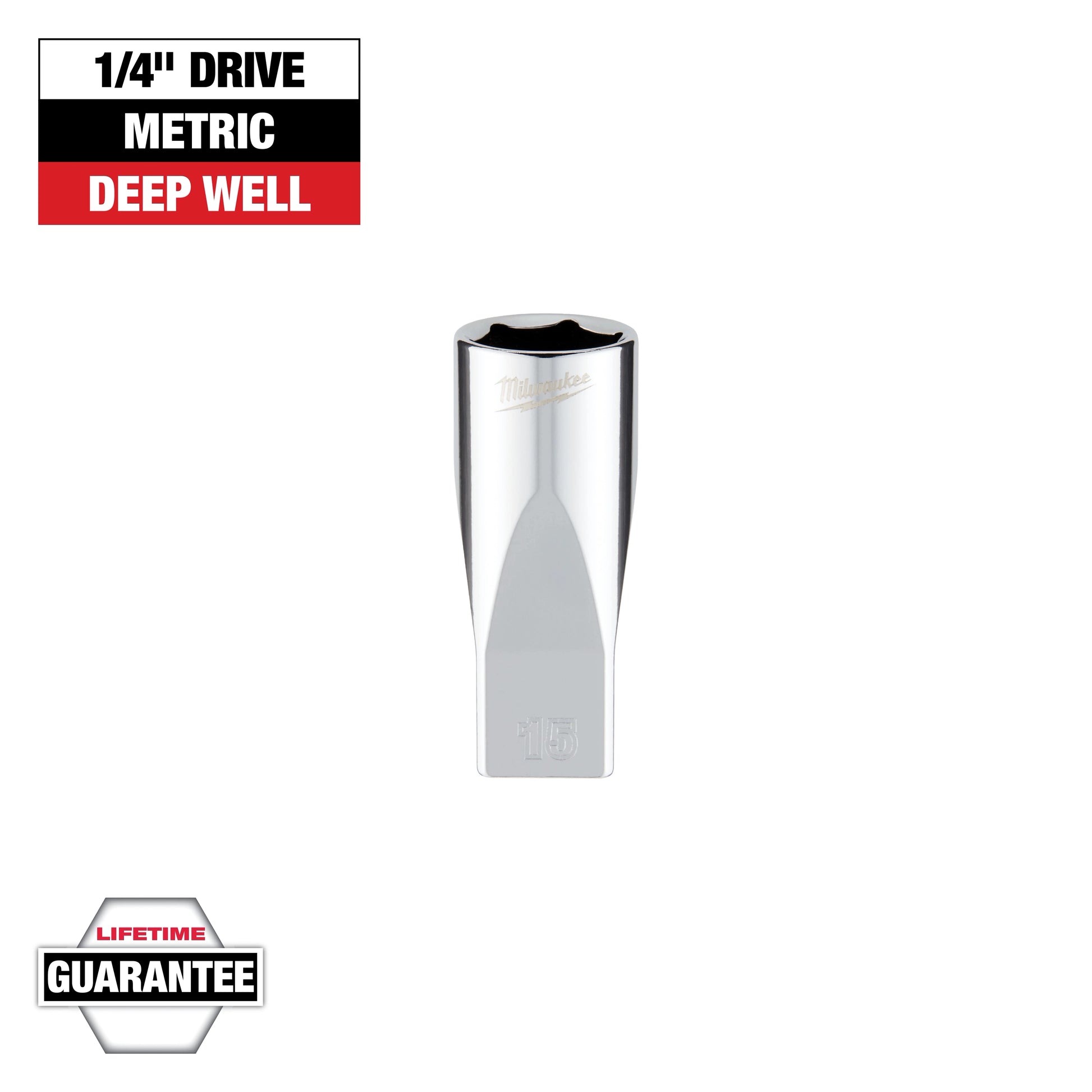 Milwaukee 1/4" Drive 15mm Metric Deep Socket with FOUR FLAT™ Sides — 45-34-9053