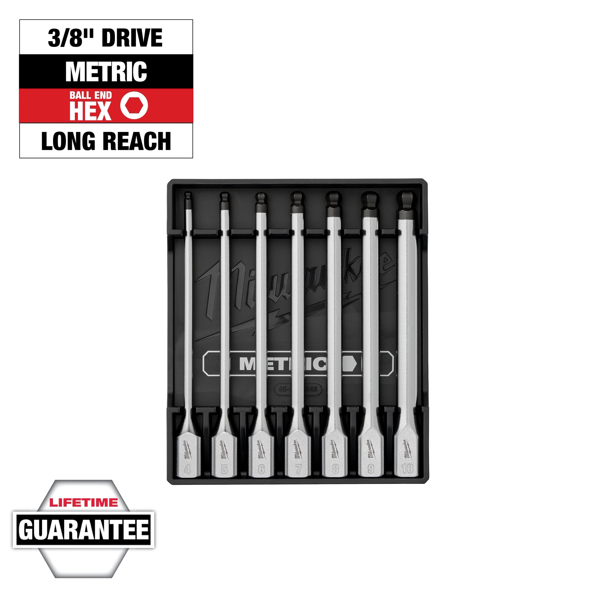 Milwaukee 7 pc 3/8” Drive Long Ball End Hex Bit Socket Set - Metric — 48-22-9548