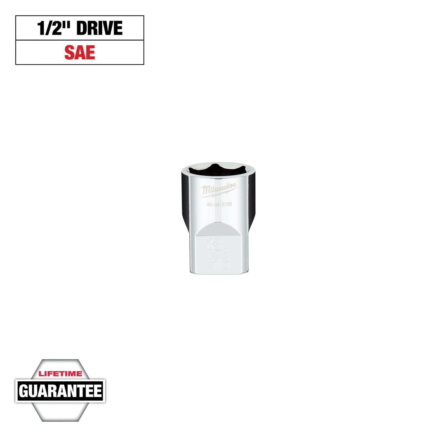 Milwaukee 1/2" Drive 13/16" SAE 6-Point Socket with FOUR FLAT™ Sides — 45-34-9105