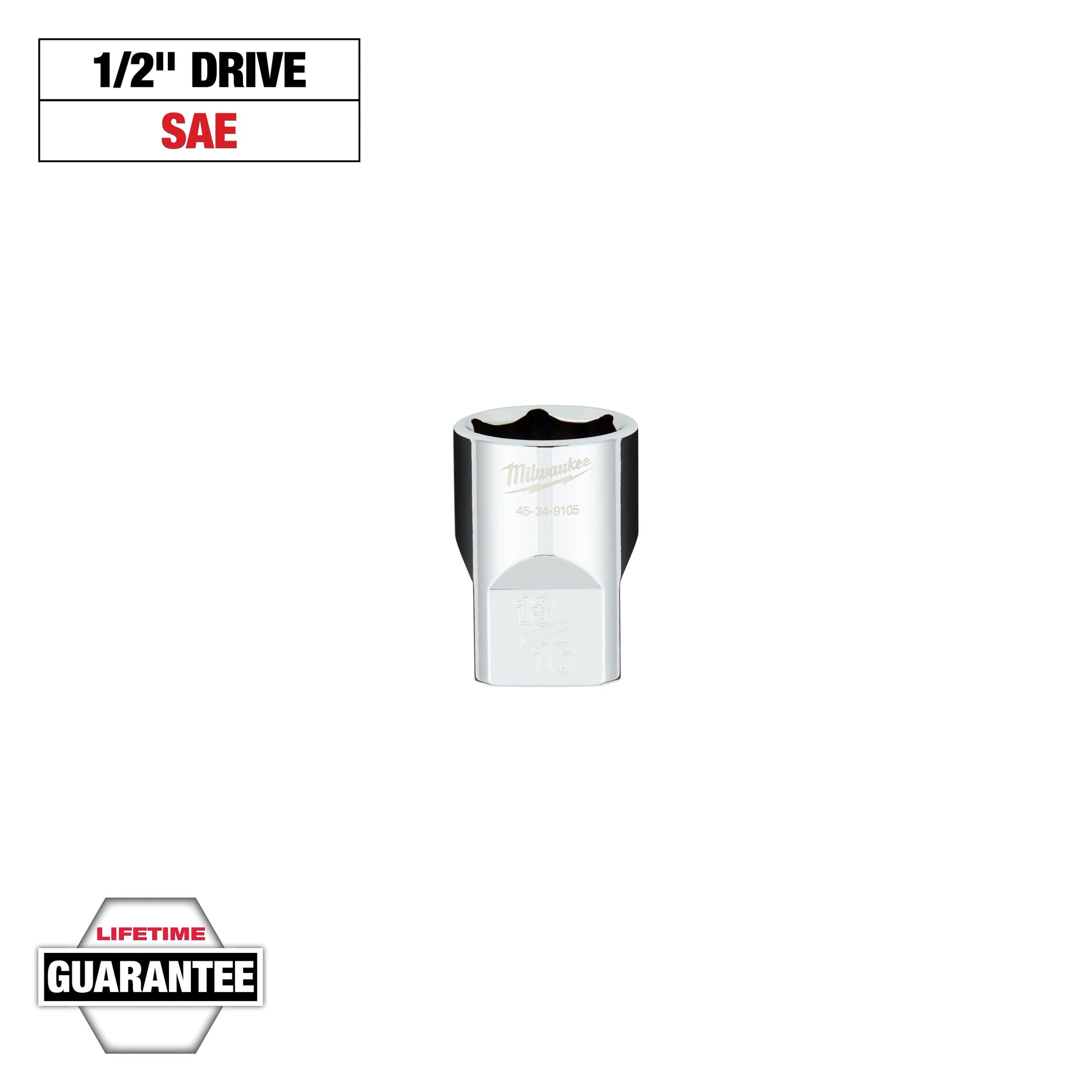 Milwaukee 1/2" Drive 13/16" SAE 6-Point Socket with FOUR FLAT™ Sides — 45-34-9105