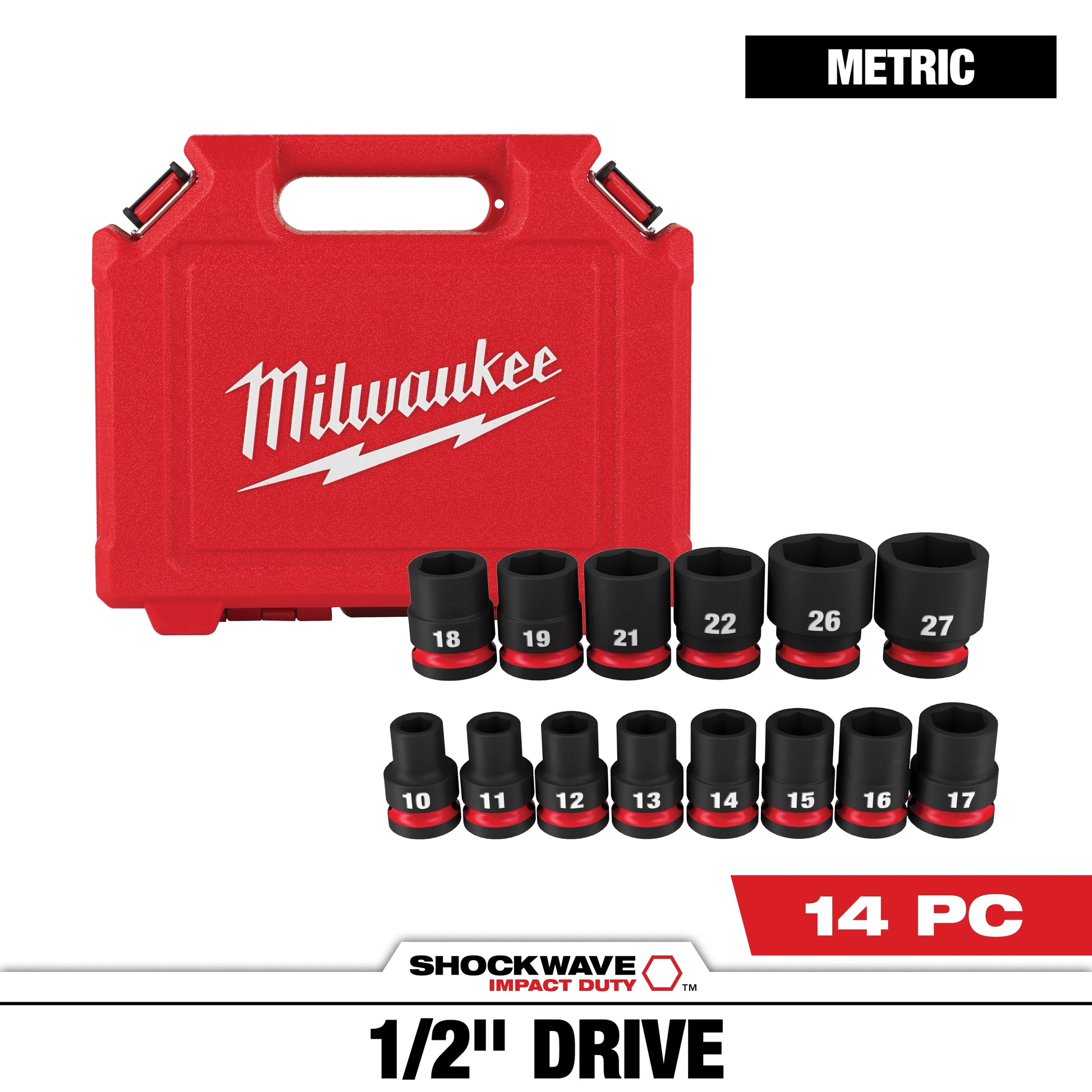 Milwaukee 14 PC SHOCKWAVE™ Impact Duty 1/2" Drive Metric Standard 6 Point Socket Set — 49-66-7013