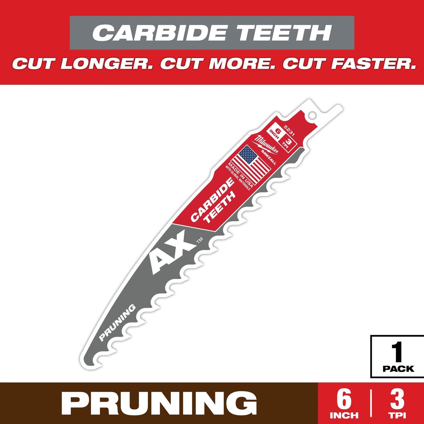Milwaukee 6" 3 TPI AX™ with Carbide Teeth SAWZALL® Blade for Pruning (1 PK) — 48-00-5231