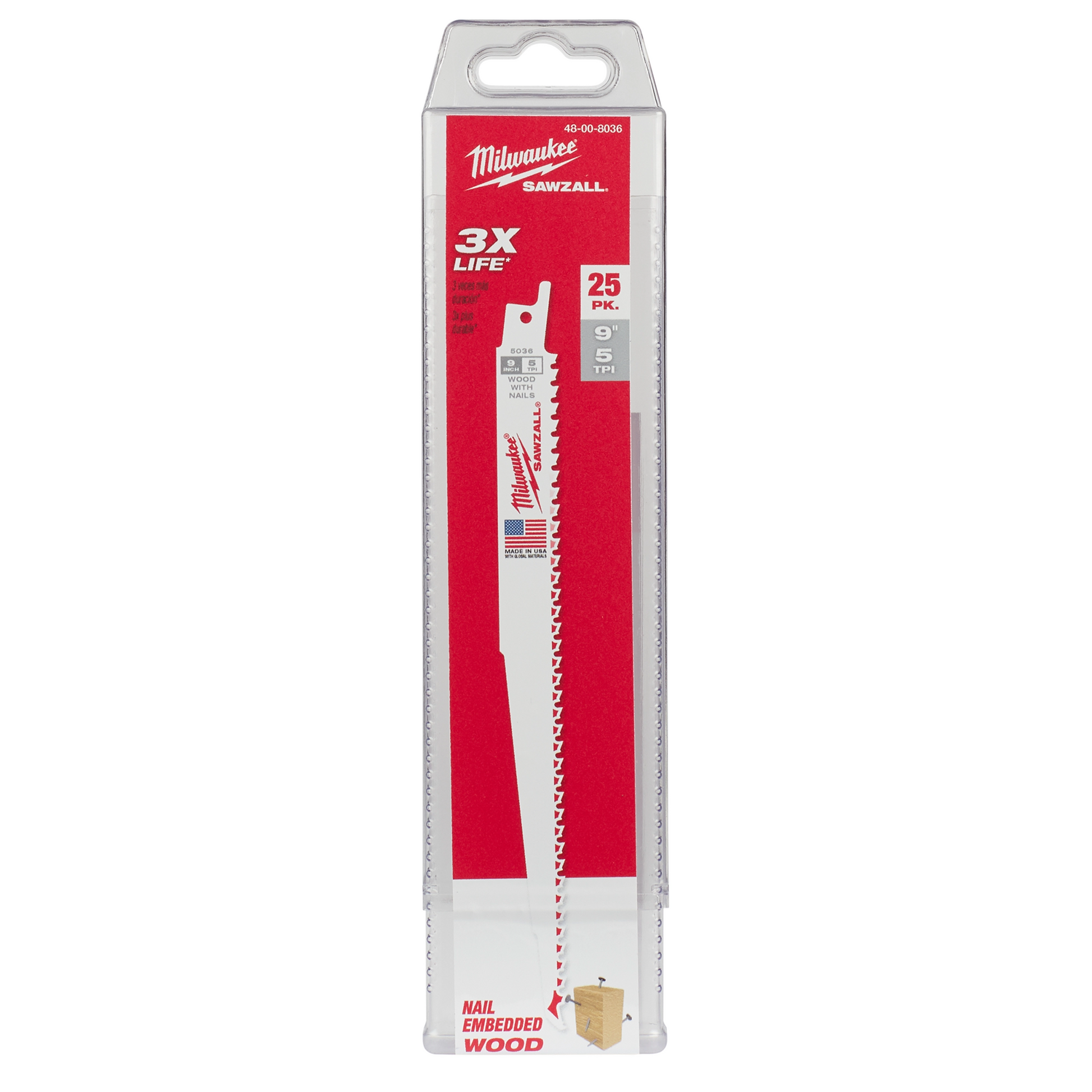 Milwaukee 9" 5 TPI SAWZALL® Blade for Wood with Nails (25 PK) — 48-00-8036