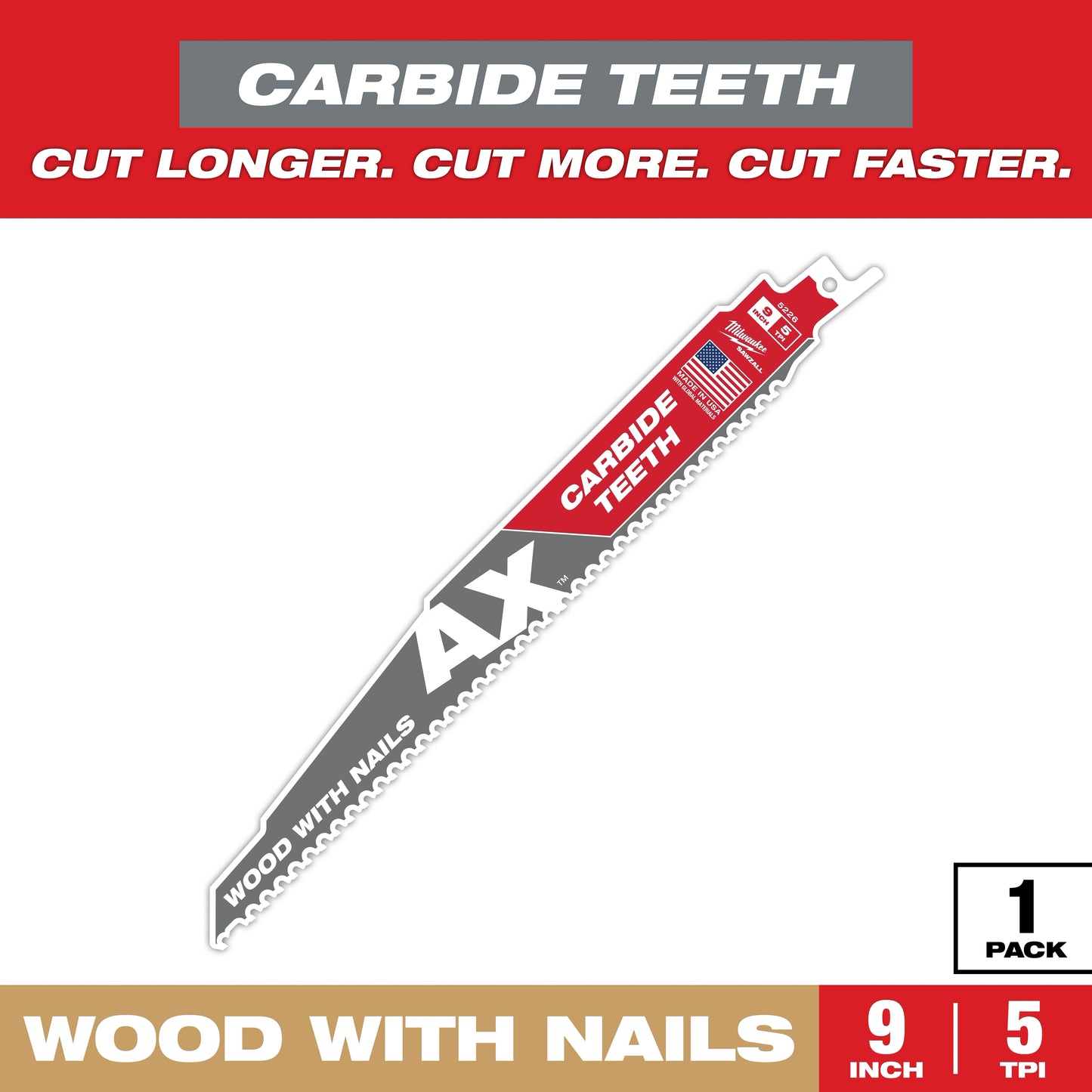 Milwaukee 9" 5 TPI AX™ with Carbide Teeth SAWZALL® Blade for Wood with Nails (1 PK) — 48-00-5226