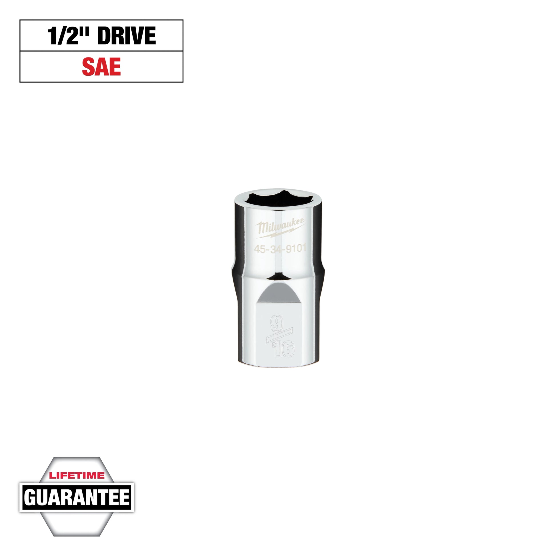 Milwaukee 1/2" Drive 9/16" SAE 6-Point Socket with FOUR FLAT™ Sides — 45-34-9101