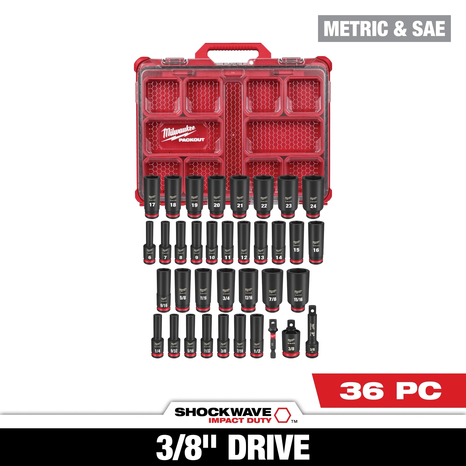 Milwaukee 36 PC SHOCKWAVE™ Impact Duty Socket 3/8” Drive Set with PACKOUT™ — 49-66-6805