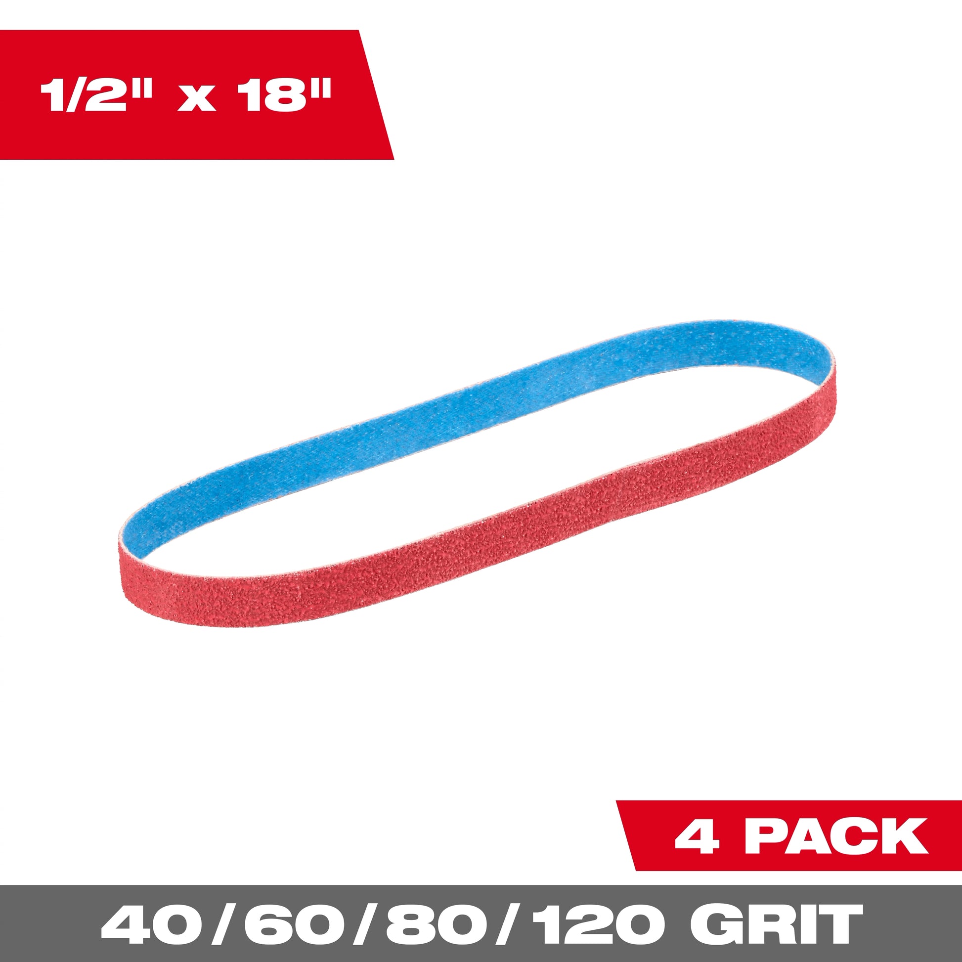Milwaukee 1/2” x 18” 40/60/80/120 Grit Bandfile Belts – 4 pack variety — 48-80-9000