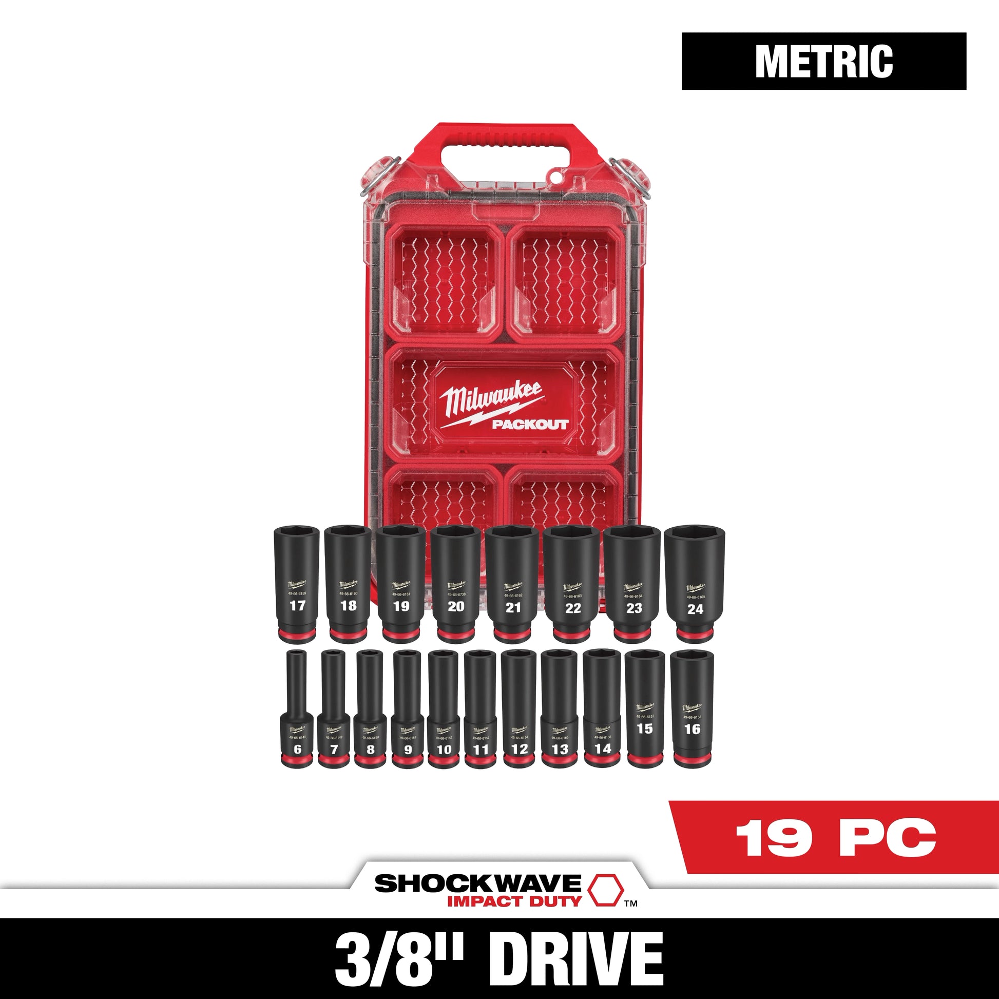 Milwaukee 19 PC SHOCKWAVE™ Impact Duty Socket 3/8” Drive MM Set with PACKOUT™ — 49-66-6801