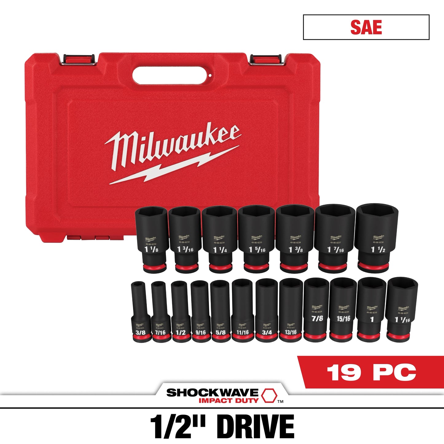 Milwaukee 19 PC SHOCKWAVE™ Impact Duty 1/2" Drive SAE Deep 6 Point Socket Set — 49-66-7012