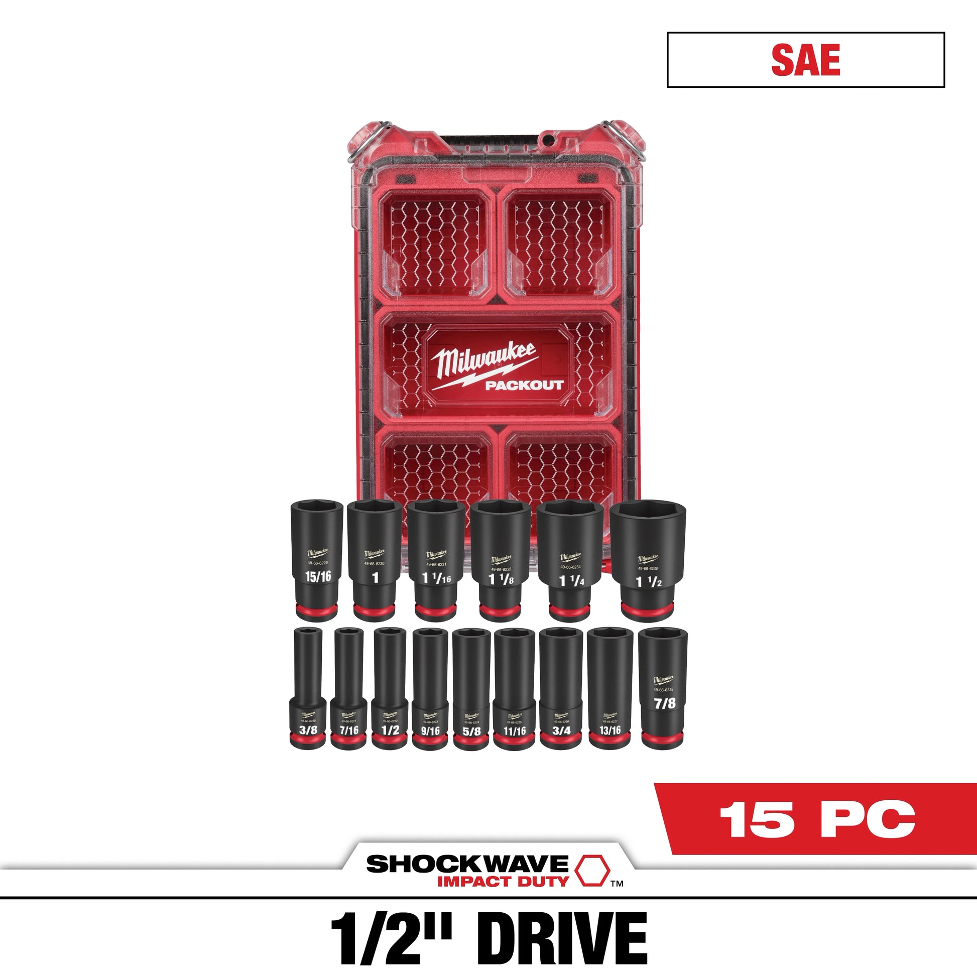 Milwaukee 15 PC SHOCKWAVE™ Impact Duty Socket 1/2” Drive SAE Set with PACKOUT™ — 49-66-6802