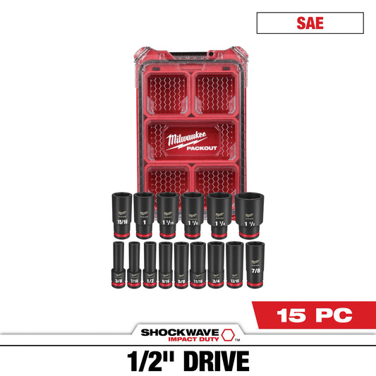 Milwaukee 15 PC SHOCKWAVE™ Impact Duty Socket 1/2” Drive SAE Set with PACKOUT™ — 49-66-6802