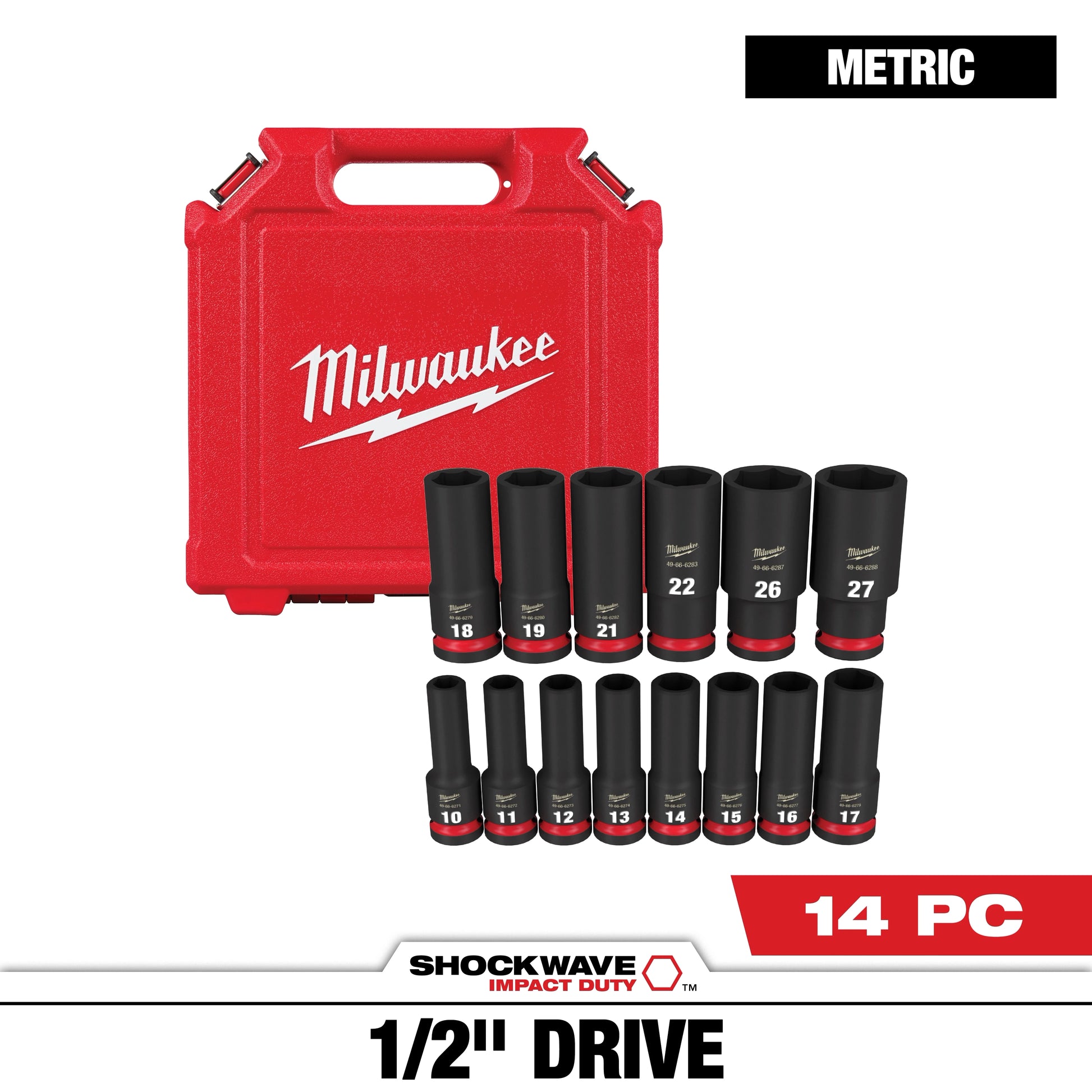 Milwaukee 14 PC SHOCKWAVE™ Impact Duty 1/2" Drive Metric Deep 6 Point Socket Set — 49-66-7014