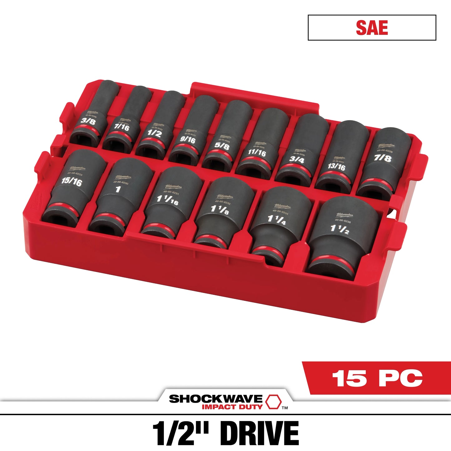 Milwaukee 15 PC SHOCKWAVE™ Impact Duty Socket 1/2” Drive SAE TRAY Set — 49-66-6817