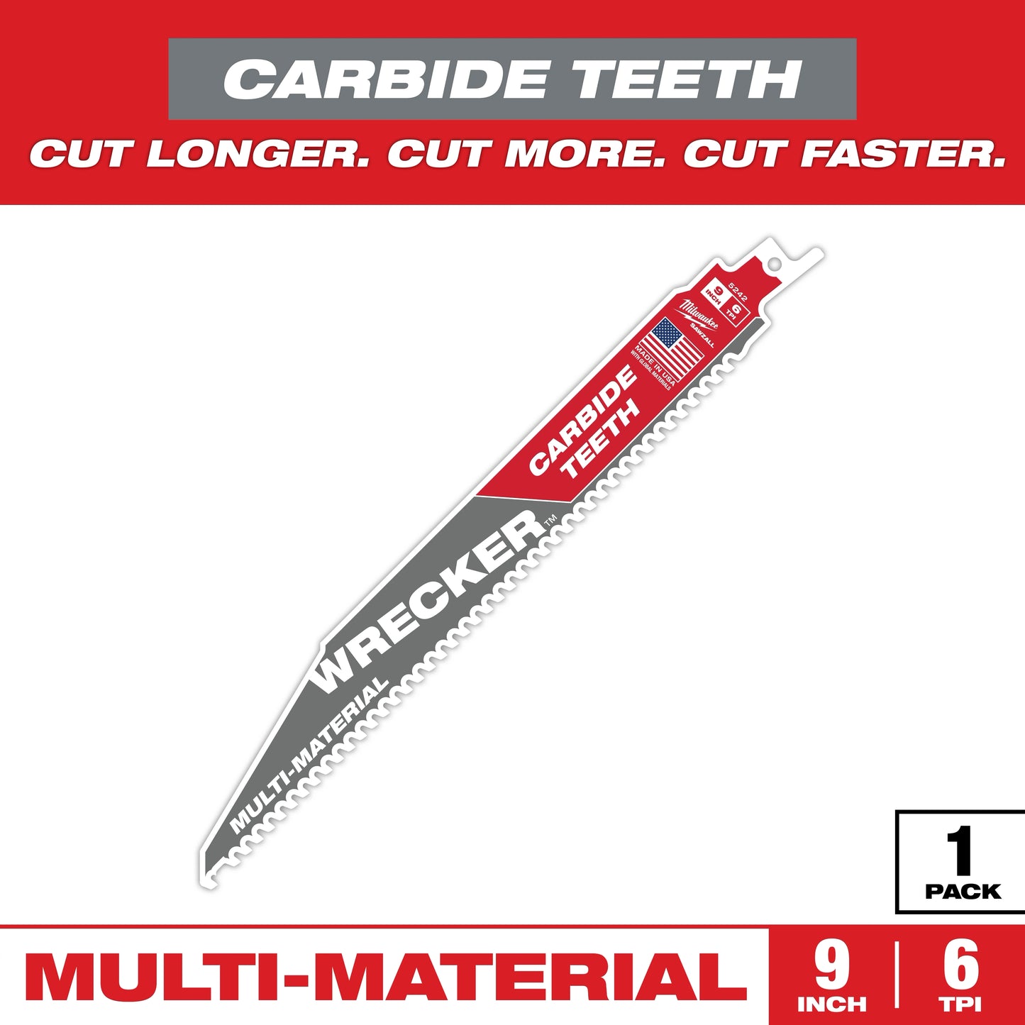 Milwaukee 9" 6 TPI WRECKER™ with Carbide Teeth SAWZALL® Blade for Multi-Material (1 PK) — 48-00-5242