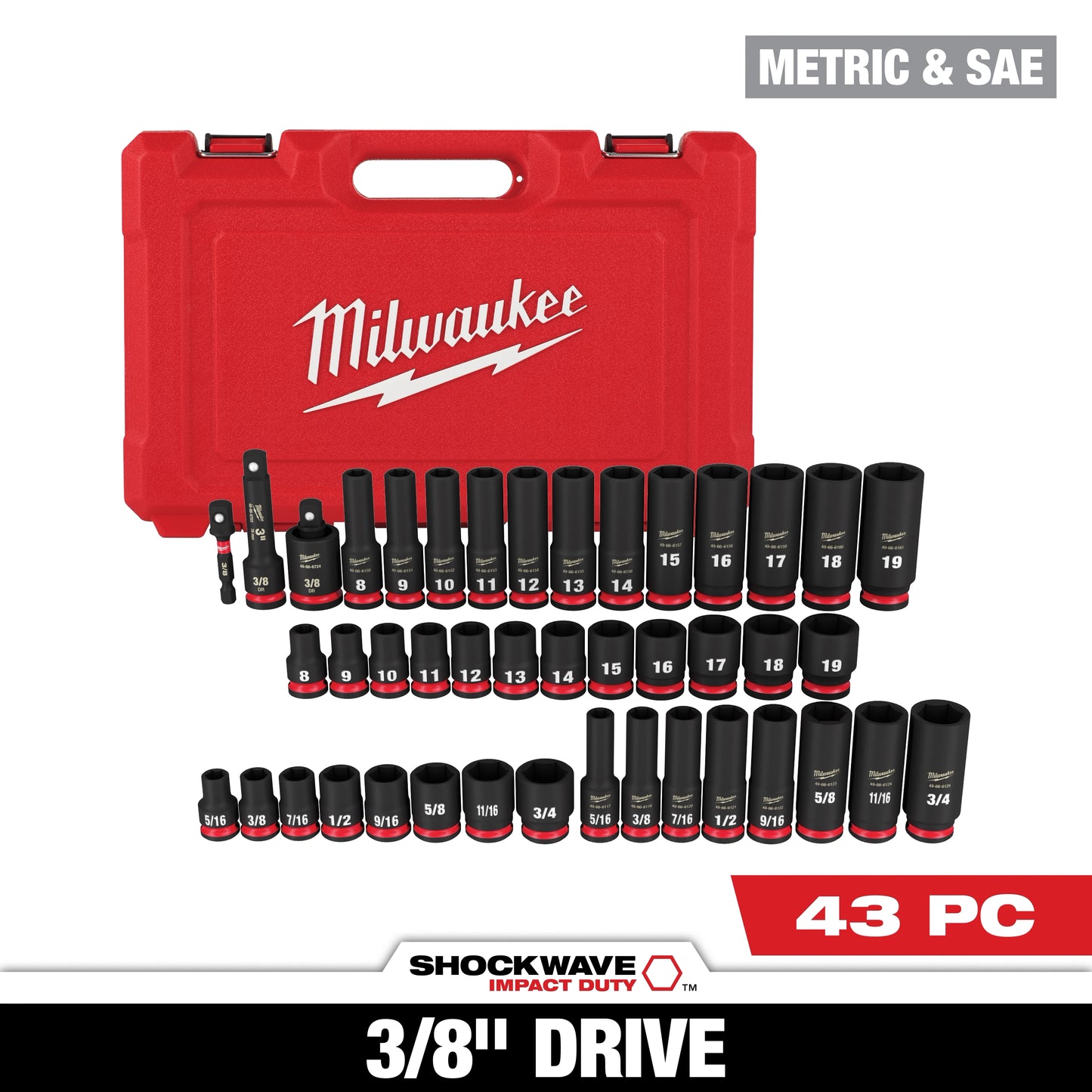 Milwaukee 43 PC SHOCKWAVE™ Impact Duty 3/8" Drive SAE & Metric Deep 6 Point Socket Set — 49-66-7009