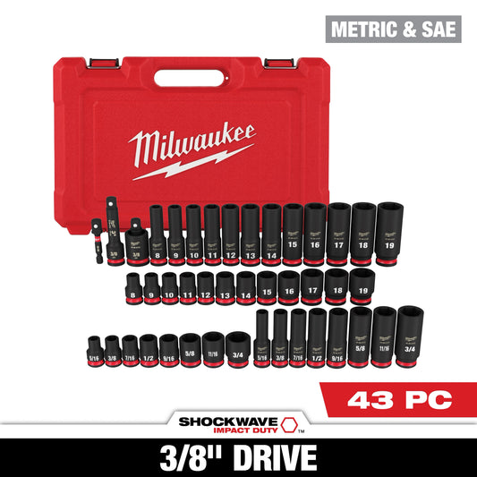 Milwaukee 43 PC SHOCKWAVE™ Impact Duty 3/8" Drive SAE & Metric Deep 6 Point Socket Set — 49-66-7009