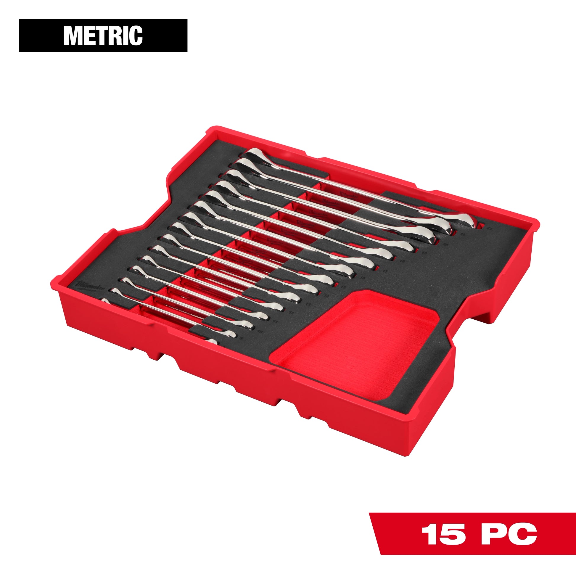 Milwaukee 15 pc. Metric Ratcheting Combination Wrench Set with Tray for PACKOUT™ Drawers — 48-22-0156