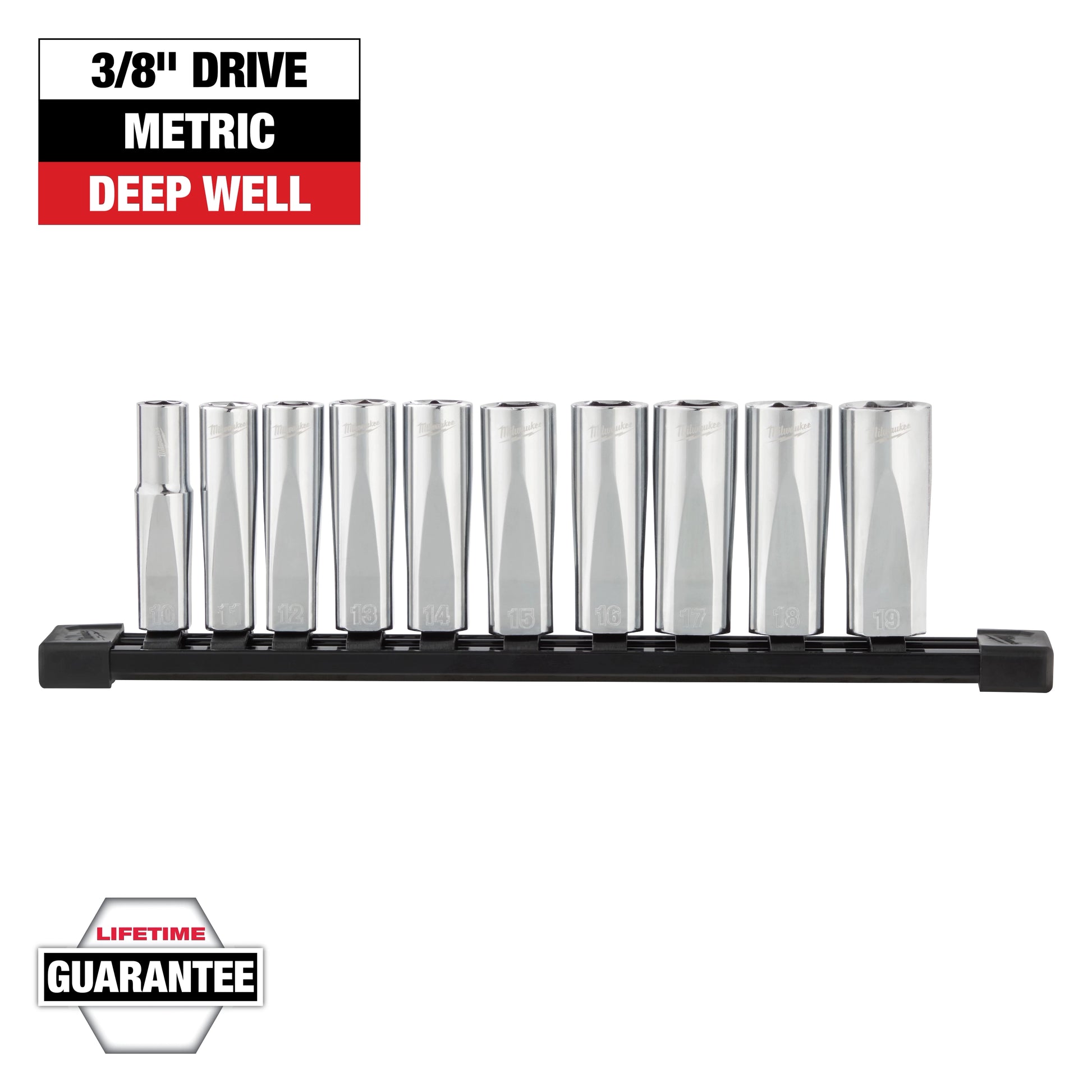 Milwaukee 10 pc 3/8" Metric Deep Well Sockets with FOUR FLAT™ Sides — 48-22-9505
