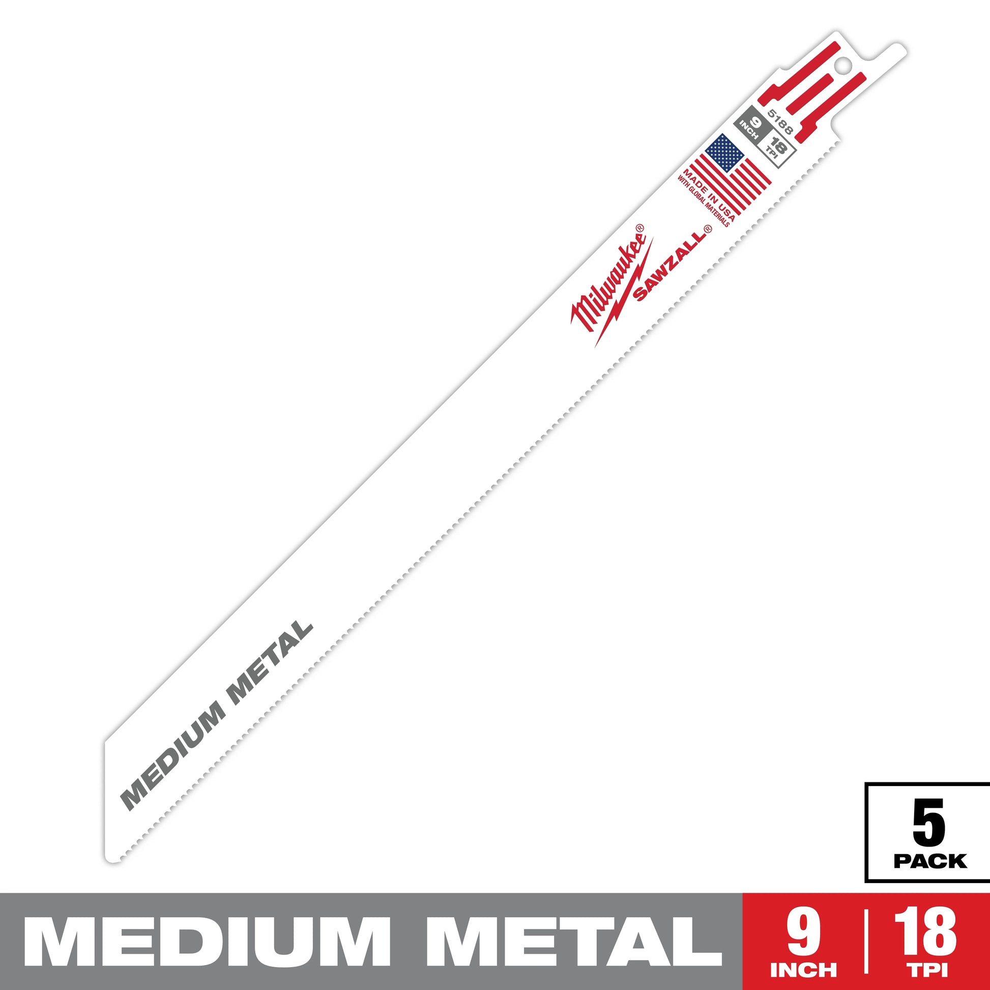 Milwaukee 9" 18 TPI SAWZALL® Blade for Medium Metal (5 PK) — 48-00-5188