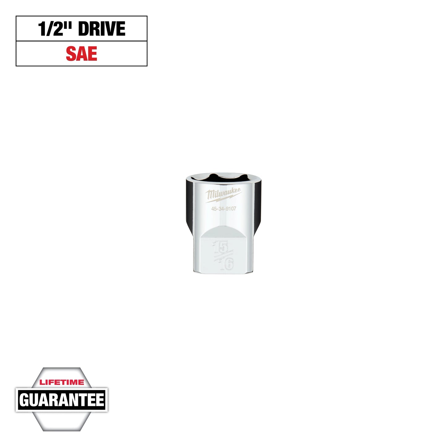 Milwaukee 1/2" Drive 15/16" SAE 6-Point Socket with FOUR FLAT™ Sides — 45-34-9107