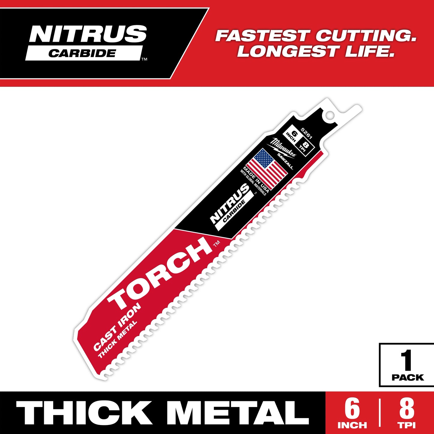 Milwaukee 6" 8 TPI TORCH™ with NITRUS™ Carbide SAWZALL® Blade for Cast Iron (1 PK) — 48-00-5261