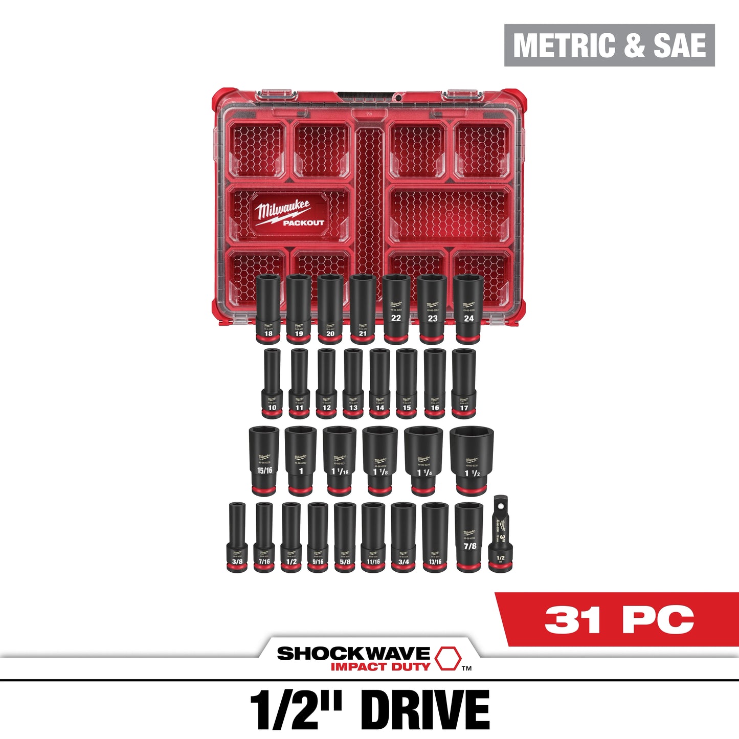 Milwaukee 31 PC SHOCKWAVE™ Impact Duty Socket 1/2” Drive Set with PACKOUT™ — 49-66-6806