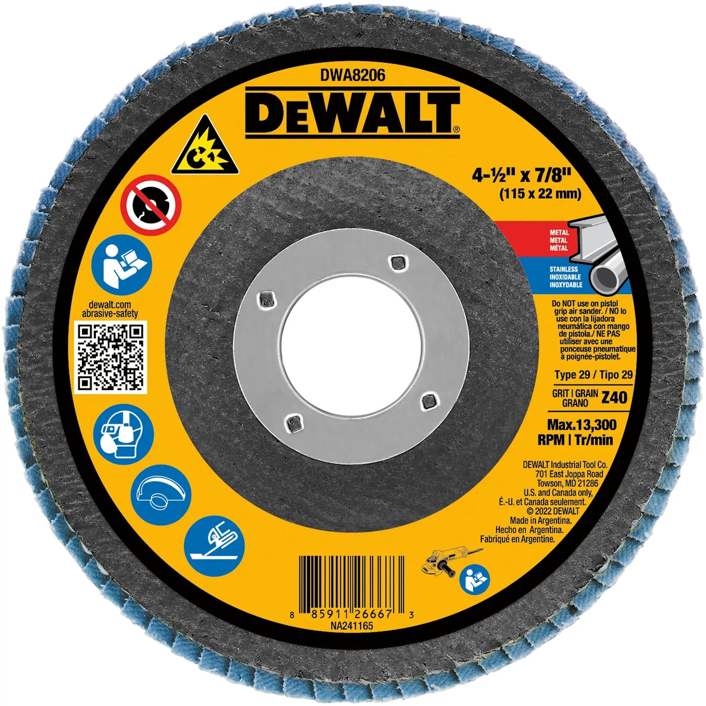 DEWALT 4-1/2-In. X 7/8-In. Zirconia T29 Flap Disc (40 Grit) — DWA8206