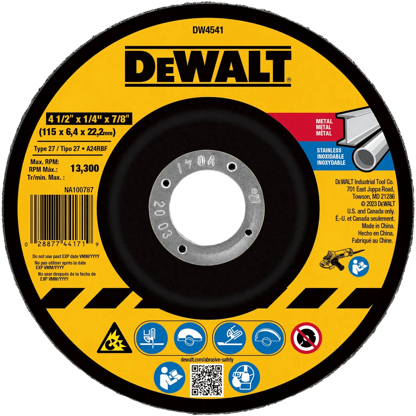DEWALT 4-1/2-In. X 1/4-In. X 7/8-In. T27 Aluminum Oxide Grinding Wheel For Metal & Stainless — DW4541