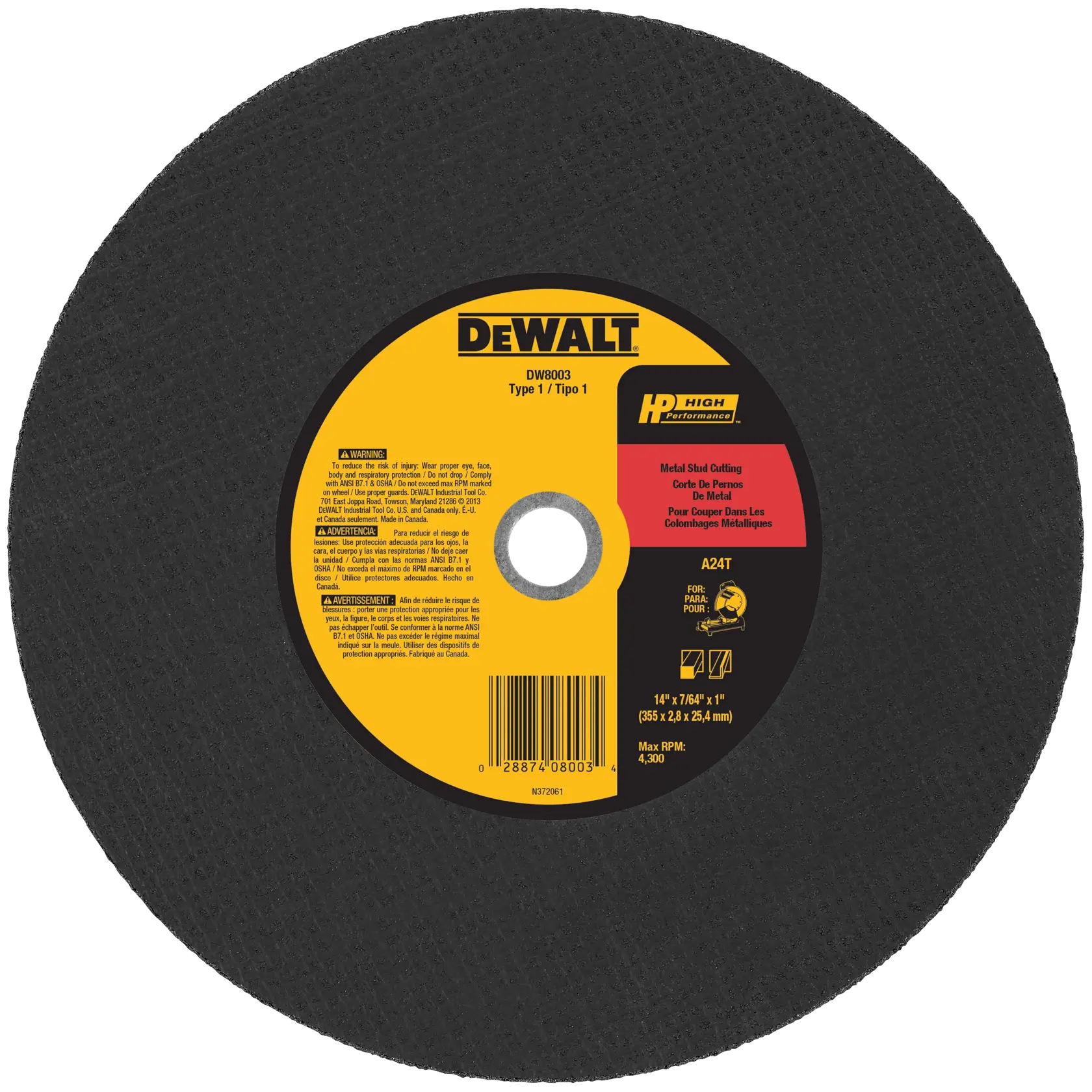 DEWALT 14-in. (355mm) T41 Metal Cutting Chop Saw Wheel — DW8003