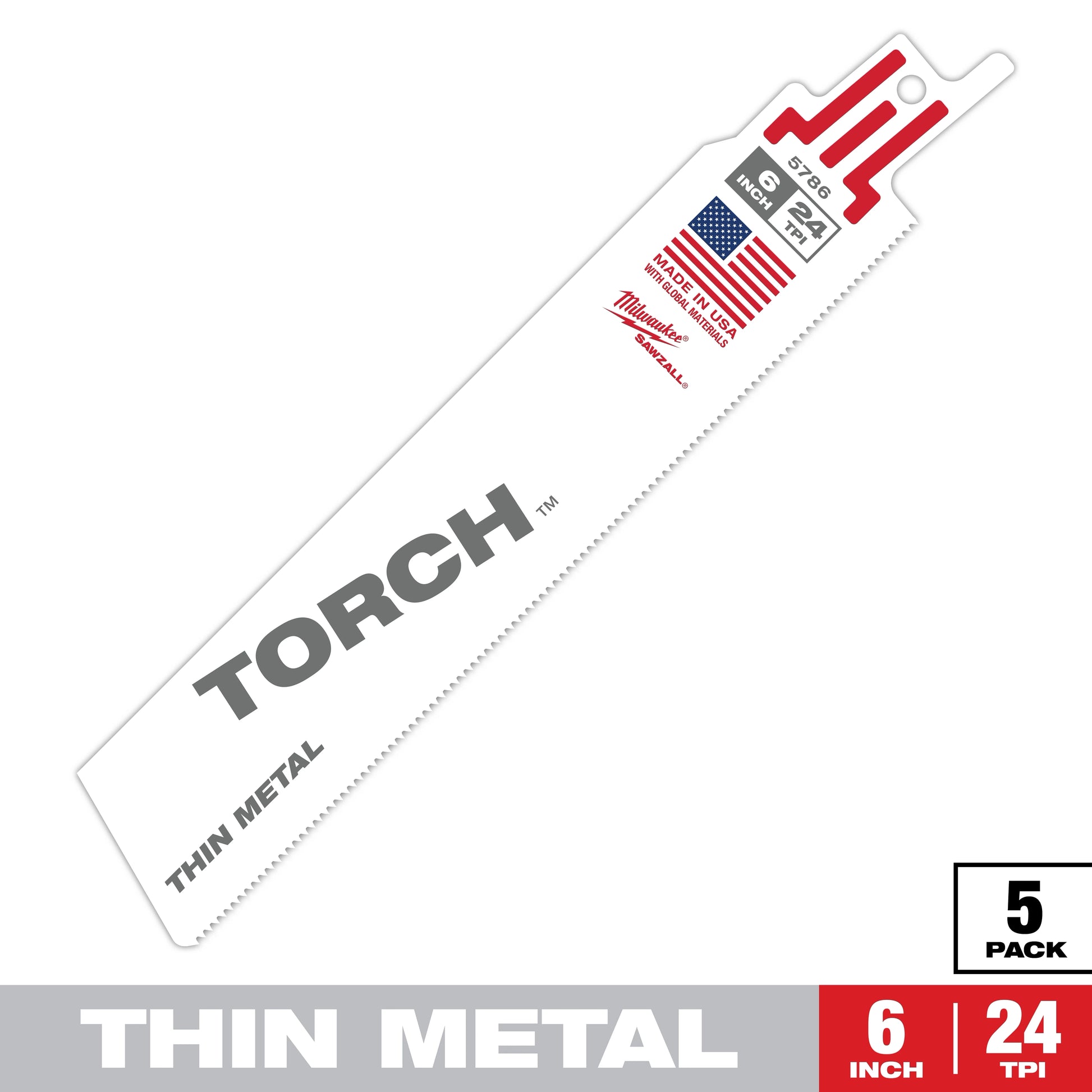 Milwaukee 6" 24 TPI TORCH™ SAWZALL® Blade for Thin Metal (5 PK) — 48-00-5786