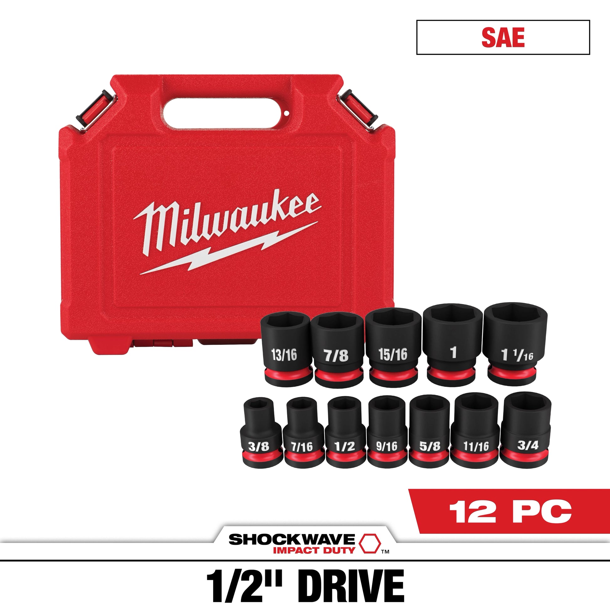 Milwaukee 12 PC SHOCKWAVE™ Impact Duty 1/2" Drive SAE Standard 6 Point Socket Set — 49-66-7010