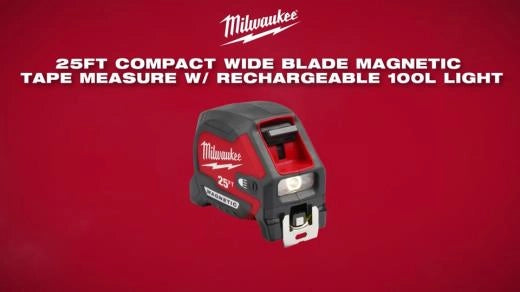 Milwaukee 25 ft Magnetic Tape Measure w/ Rechargeable 100L Light — 48-22-0428