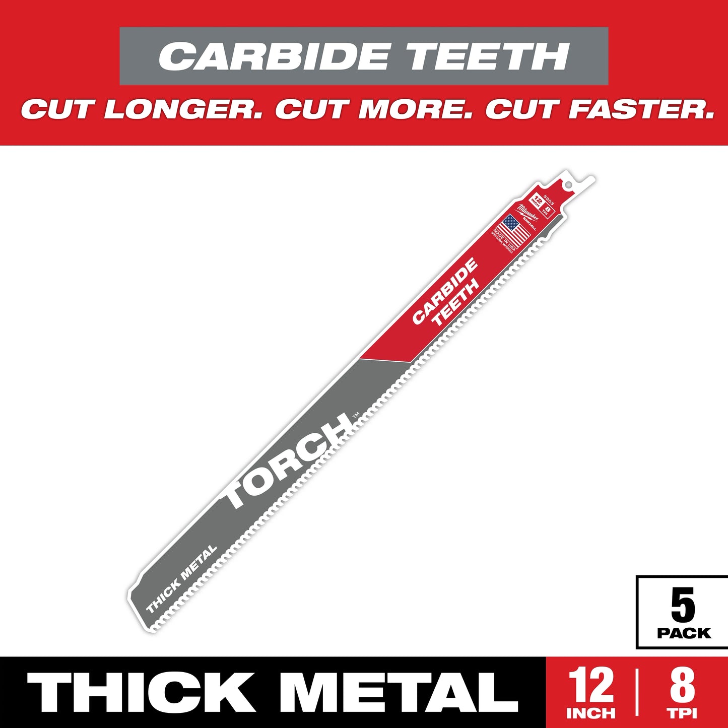 Milwaukee 12" 8 TPI TORCH™ with Carbide Teeth for Thick Metal SAWZALL® Blade (5 PK) — 48-00-5503