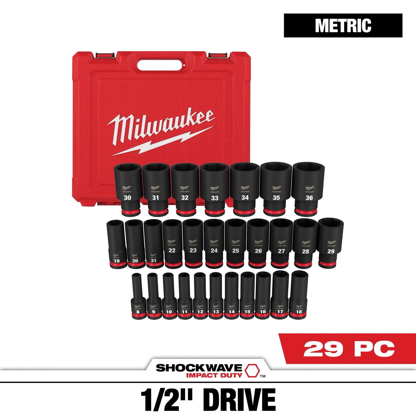 Milwaukee 29 PC SHOCKWAVE™ Impact Duty 1/2" Drive Metric Deep 6 Point Socket Set — 49-66-7015